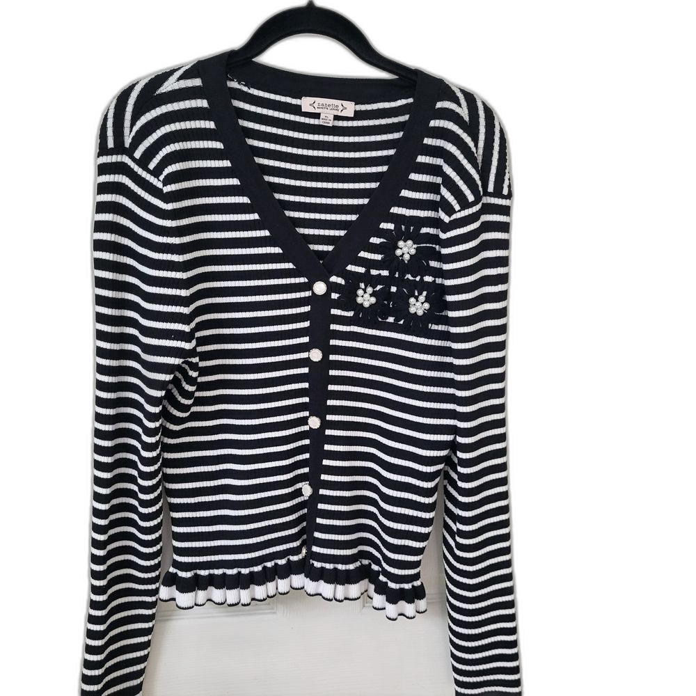 Nanette Lepore Black and White Striped Cardigan Sweater